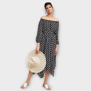 Maeve by Anthropologie Gerti Polka Dot Off Shoulder Belted Midi Dress Women's 6